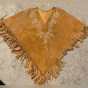 Vintage Tan Suede Fringed Embroidered Poncho Indigenous Western Aboriginal